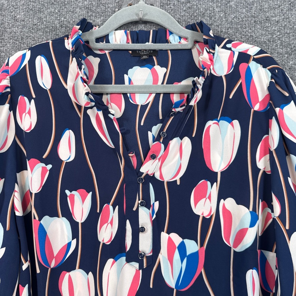 Talbots Blouse Womens 1X Petite Blue Tulip Print Ruffle Neck Floral Plus Size - Picture 2 of 8